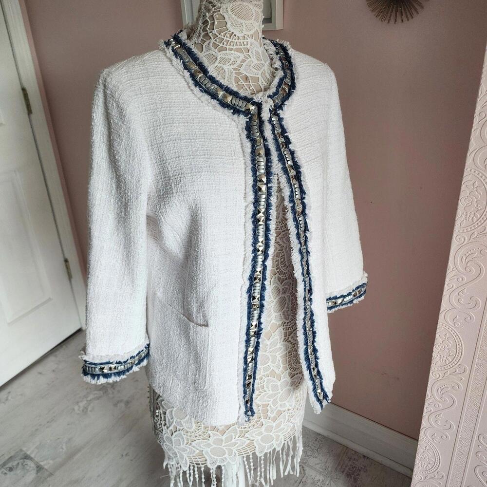 LKNW Boston Proper Fringe white blue textured 3/4 blazer jacket 14